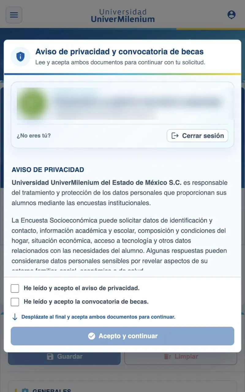 Ventana de aviso de privacidad y convocatoria con la tarjeta de sesión activa