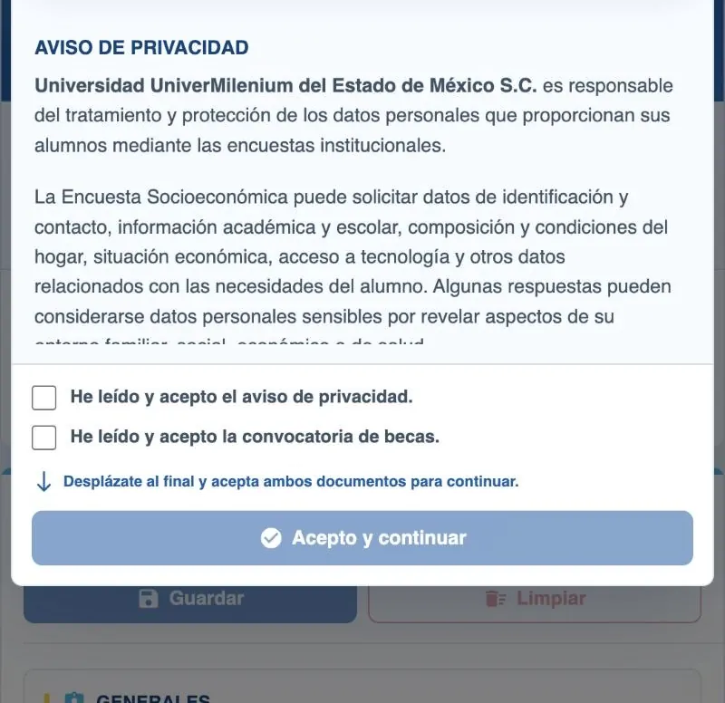 Casillas de aceptación del aviso y la convocatoria y botón Acepto y continuar