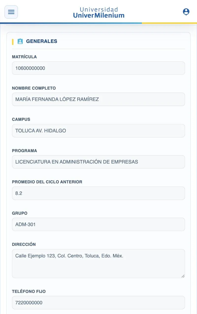Sección Generales con datos precargados de ejemplo
