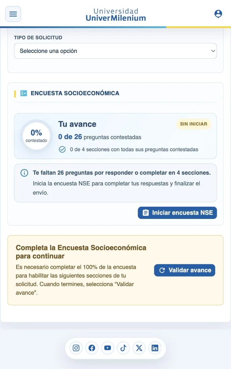 Tarjeta de avance de la Encuesta Socioeconómica con el botón Iniciar encuesta NSE y el aviso Validar avance