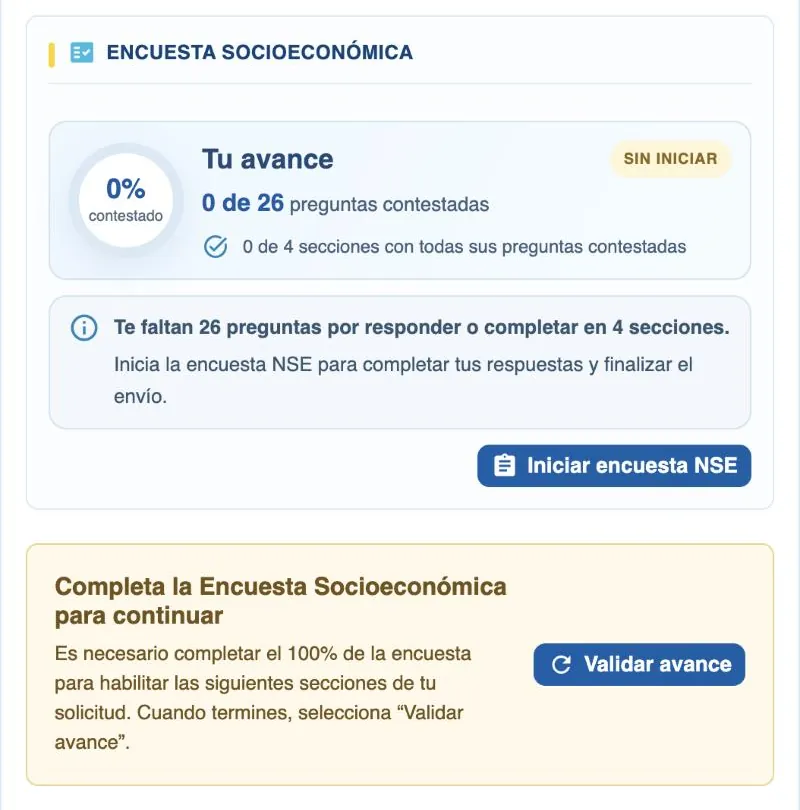 Recuadro Completa la Encuesta Socioeconómica para continuar con el botón Validar avance