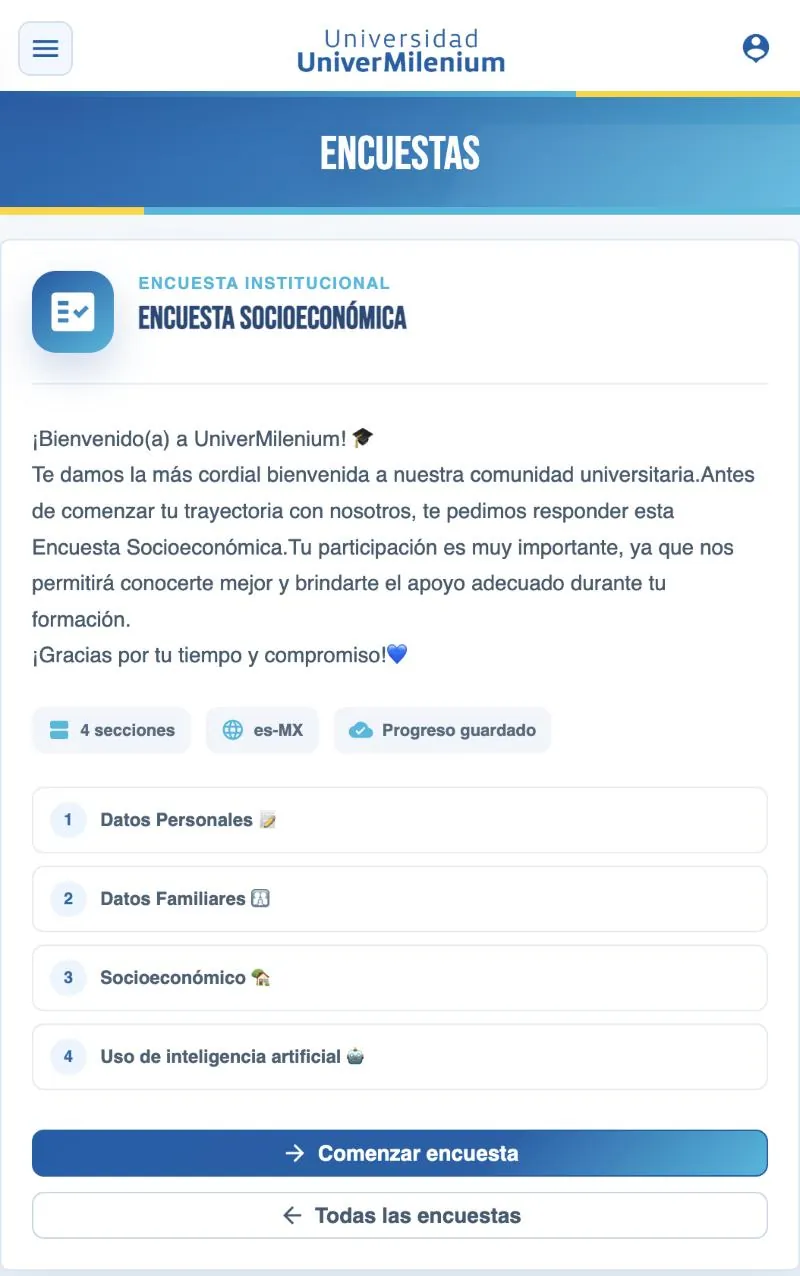 Portada de la encuesta con 4 secciones y botón Comenzar encuesta