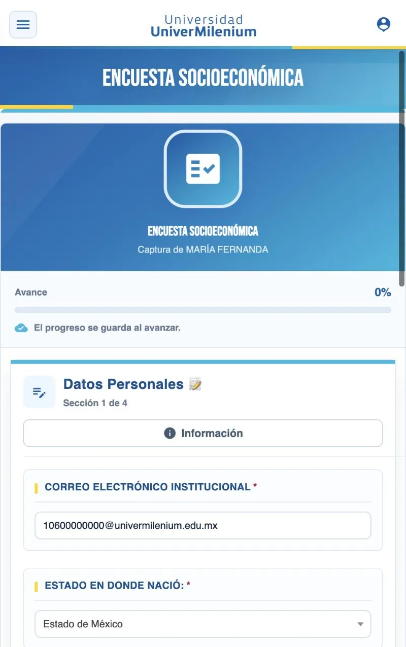 Encabezado de la sección Datos Personales con barra de avance