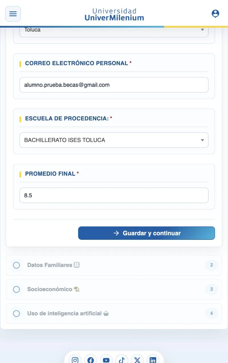 Final de la sección con el botón Guardar y continuar y las secciones siguientes bloqueadas