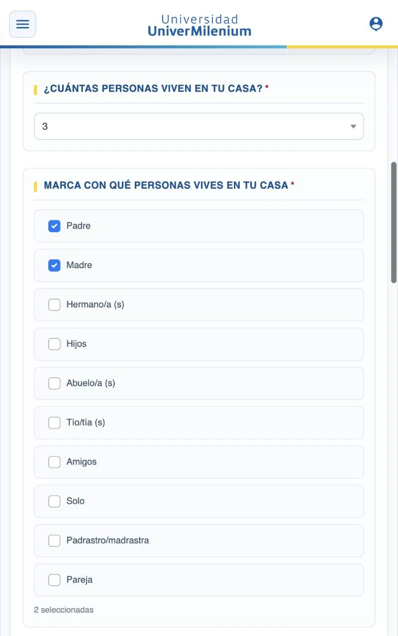 Pregunta con casillas para marcar con qué personas vives