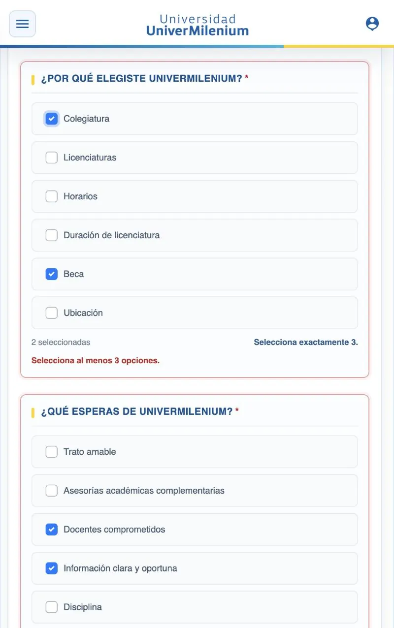 Pregunta marcada en rojo con el mensaje Selecciona exactamente 3