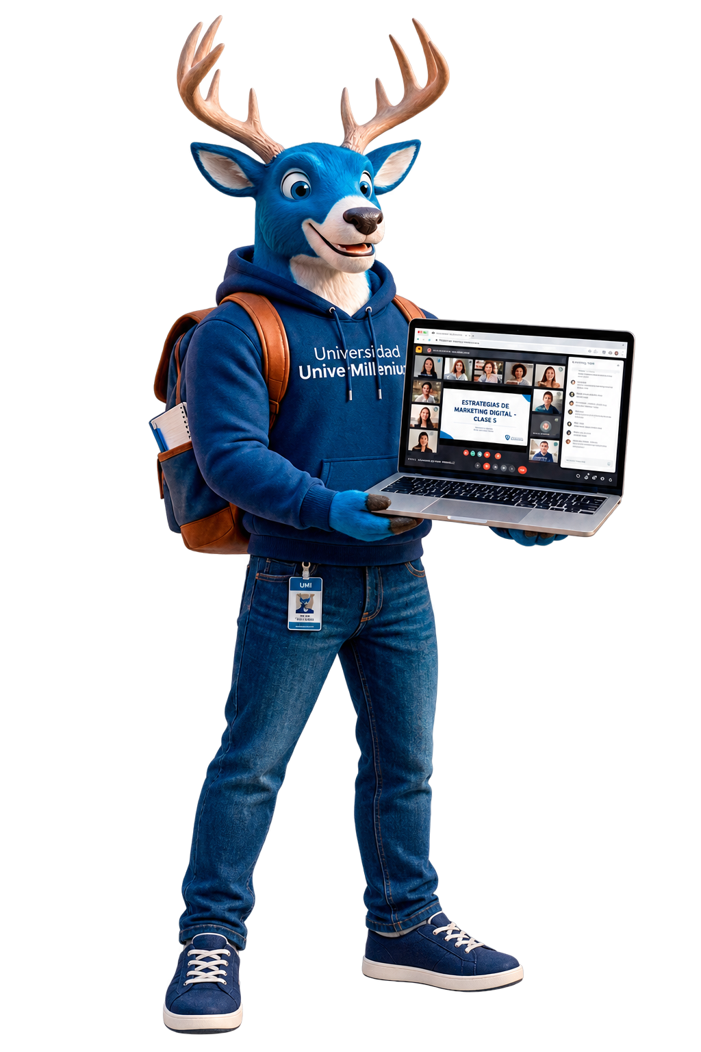 UMI, la mascota de UniverMilenium, con su laptop