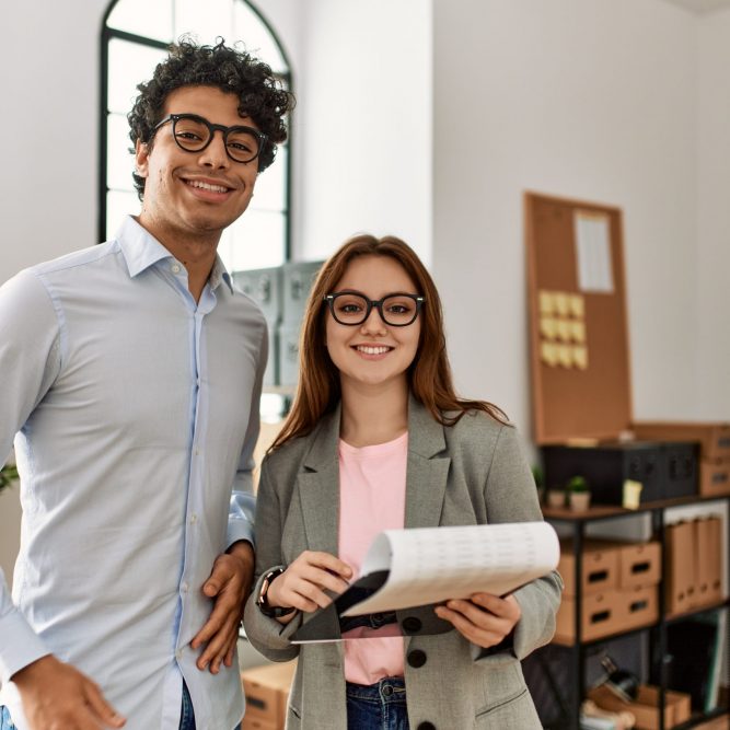 Two,Business,Workers,Smiling,Happy,Holding,Clipboard,Standing,At,The